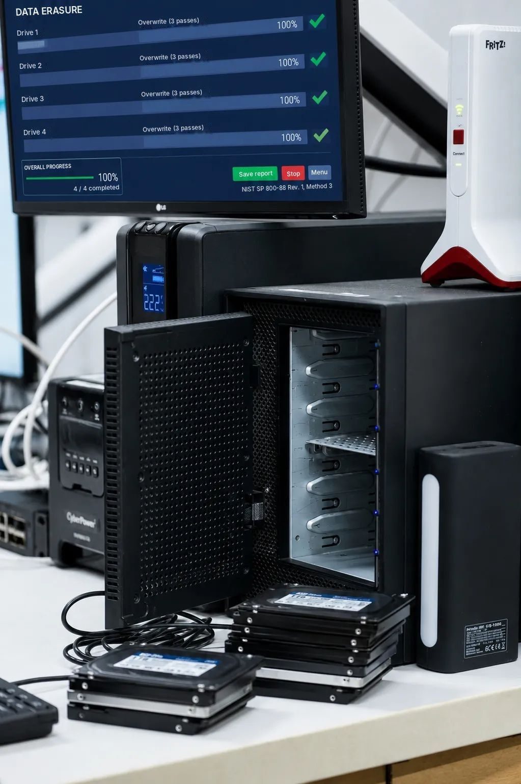 Drive erasure station showing four drives overwritten to NIST SP 800-88
